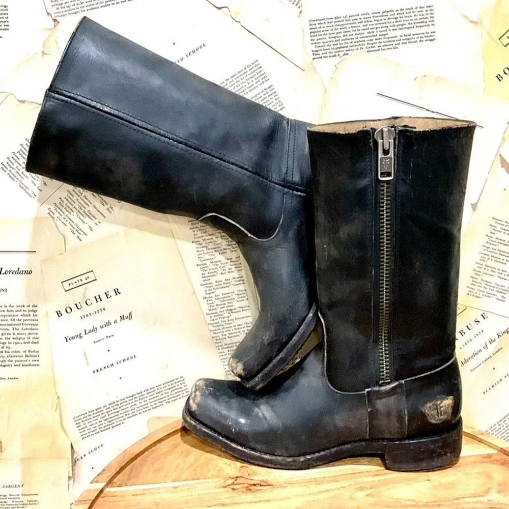 Frye Heath Outside Zip Distressed Leather Moto Boot Black Leather